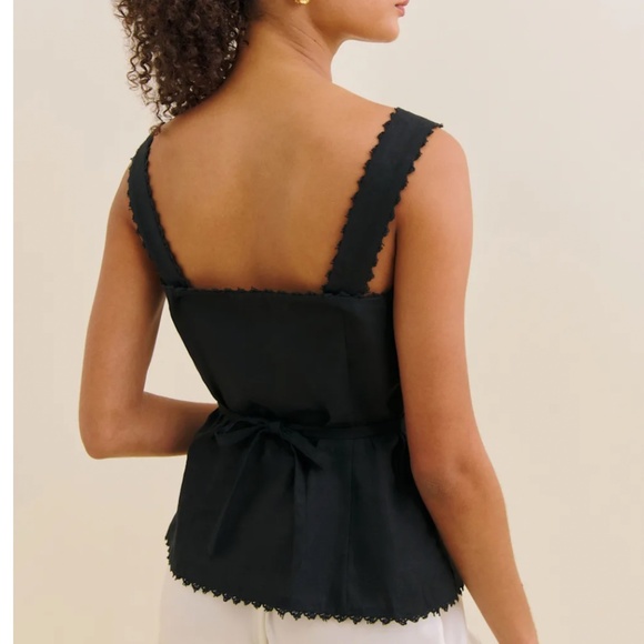 NEW Reformation Viola Linen Top - Black Noir Spring French Causal Lace Detail - Picture 3 of 11